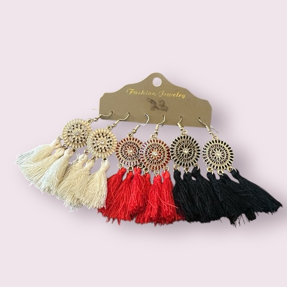 Set of 3 Tassel Earrings – Red, Ivory, and Black | Lightweight & Hypoallergenic - Picture 3 of 5